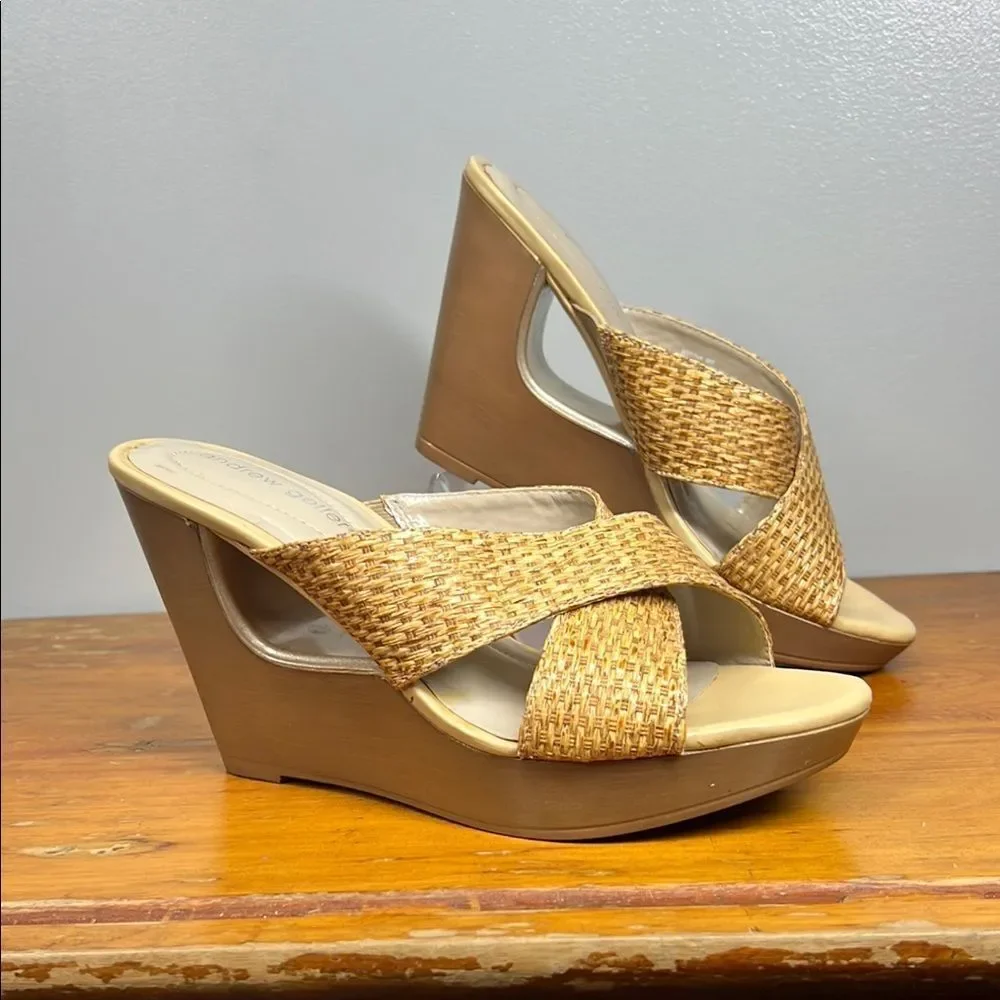 Andrew Geller Tan Wedge Sandals with Basketweave Design